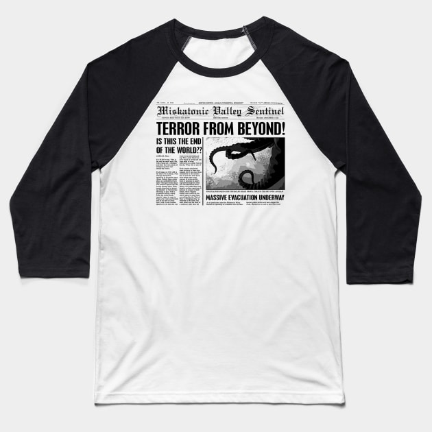 Miskatonic Headlines Baseball T-Shirt by MonkeyKing